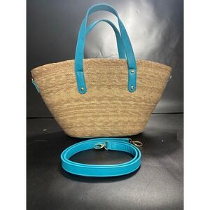 By Del Rio Woven Straw‎ Tote Bag Turquoise Blue Trim Crossbody Strap Sustainable